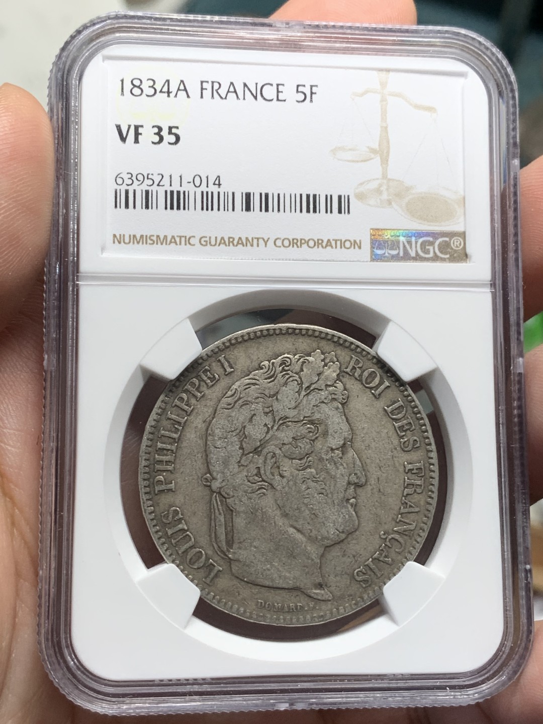 《竞宝斋》第96场-本周日，周一，周四，3场连拍（全场不限金额包邮） NGC-VF35 法国1834年 飞利浦一世 5法郎大银币 原味好品早期年份