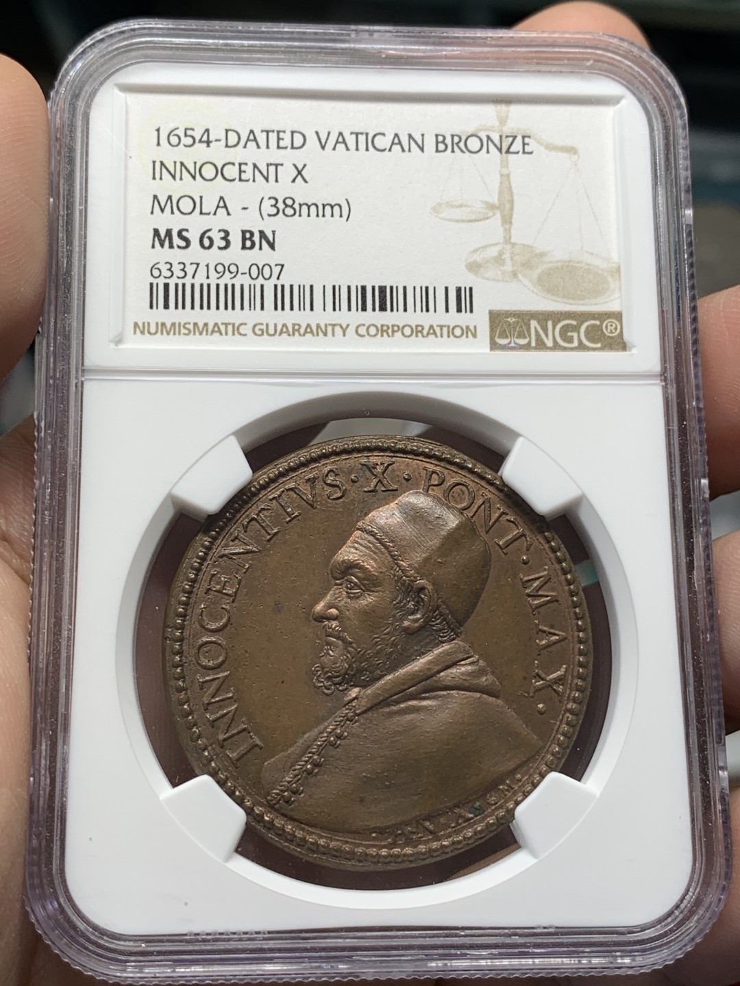 《竞宝斋》第96场-本周日，周一，周四，3场连拍（全场不限金额包邮） NGC MS63 BN 教皇 英诺森十世 铜章 38mm直径