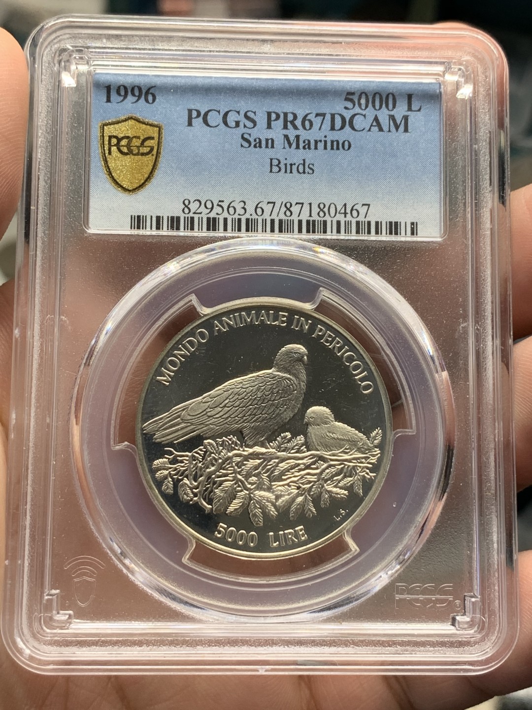 《竞宝斋》第96场-本周日，周一，周四，3场连拍（全场不限金额包邮） PCGS PR67DCAM 圣马力诺 1996年 5000里拉精制银币（唯一冠军分） 深度镜面