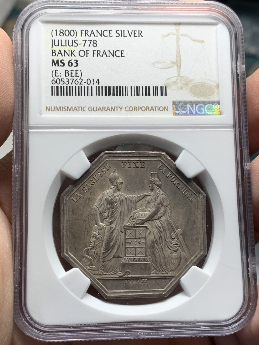 《竞宝斋》第96场-本周日，周一，周四，3场连拍（全场不限金额包邮） NGC-MS63 1800年法兰西银行八角银质代币 早期蜜蜂银标 镜面五彩包浆 高分不易 顶级品相 大型女神八角