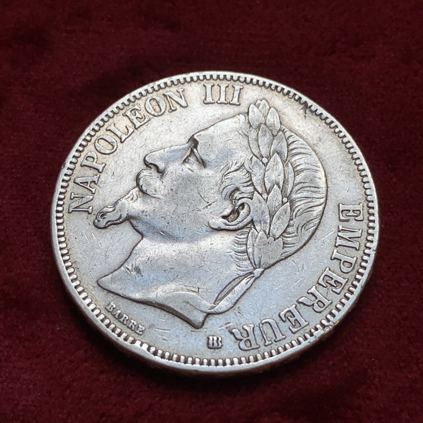 《竞宝斋》第96场-本周日，周一，周四，3场连拍（全场不限金额包邮） 1867年 BB版法国拿破仑三世5法郎银币通货好品