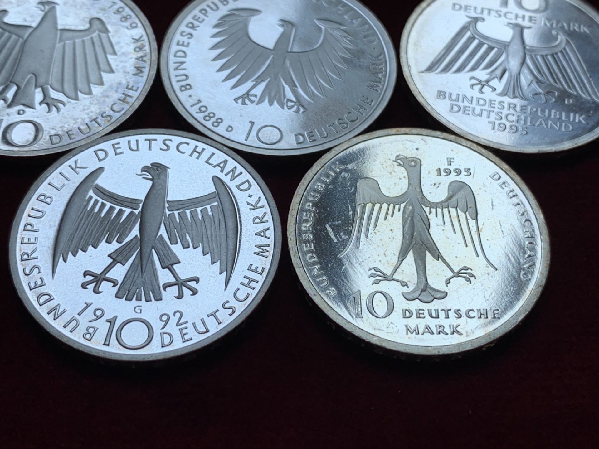 《竞宝斋》第96场-本周日，周一，周四，3场连拍（全场不限金额包邮） 银币5枚一组 德国 10马克精制银币 单枚重量15.5克