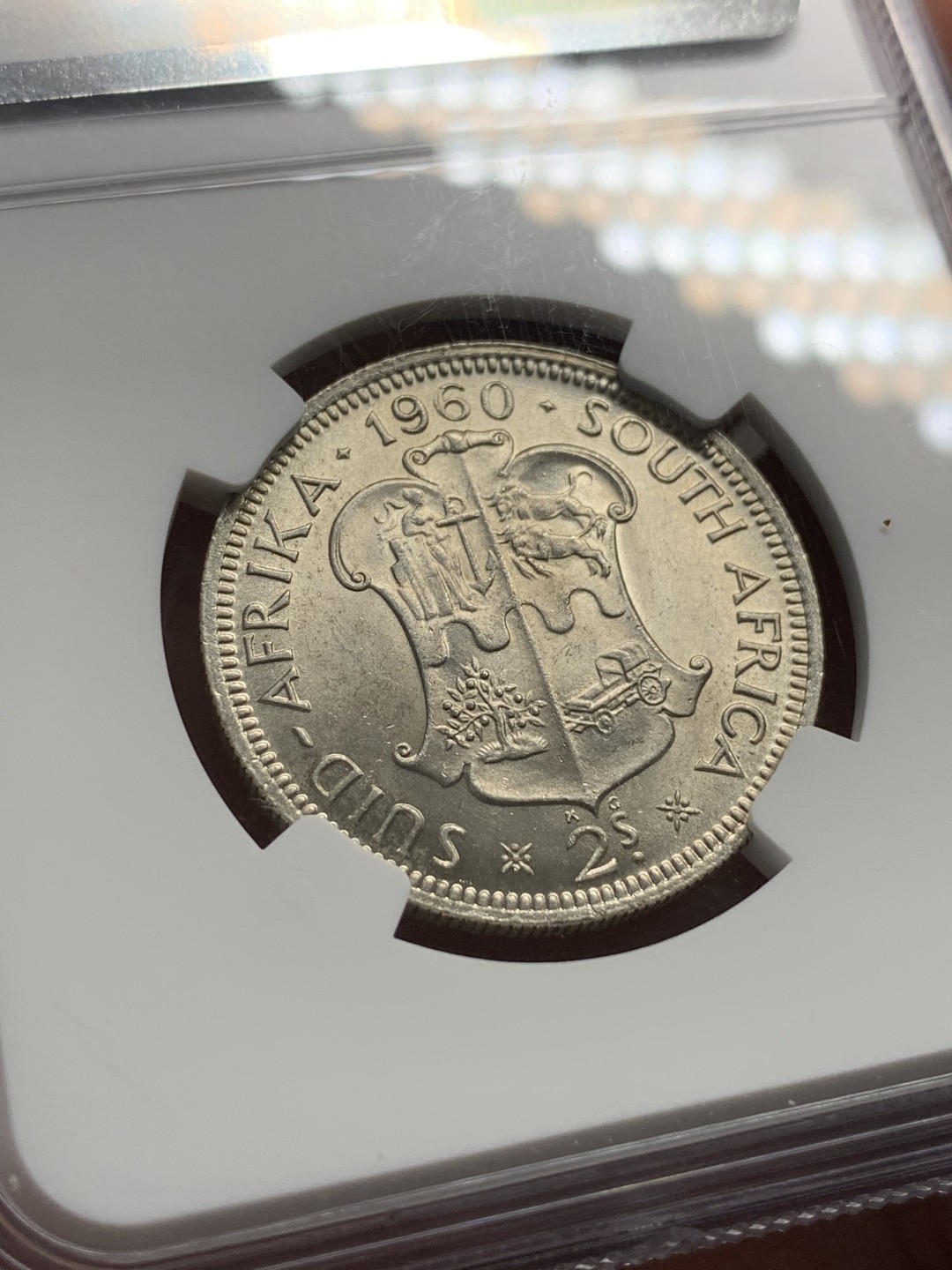 《竞宝斋》第96场-本周日，周一，周四，3场连拍（全场不限金额包邮） NGC-MS63 英属南非 1960年 伊丽莎白二世 2先令 少见品种