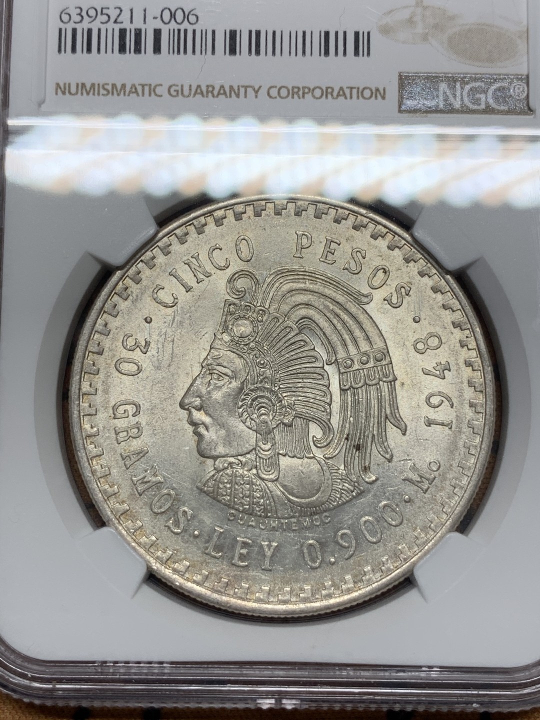 《竞宝斋》第96场-本周日，周一，周四，3场连拍（全场不限金额包邮） NGC-MS62 墨西哥1948年 印第安人头像 5比索 大银币 原光好品 这东西现在涨的太多了