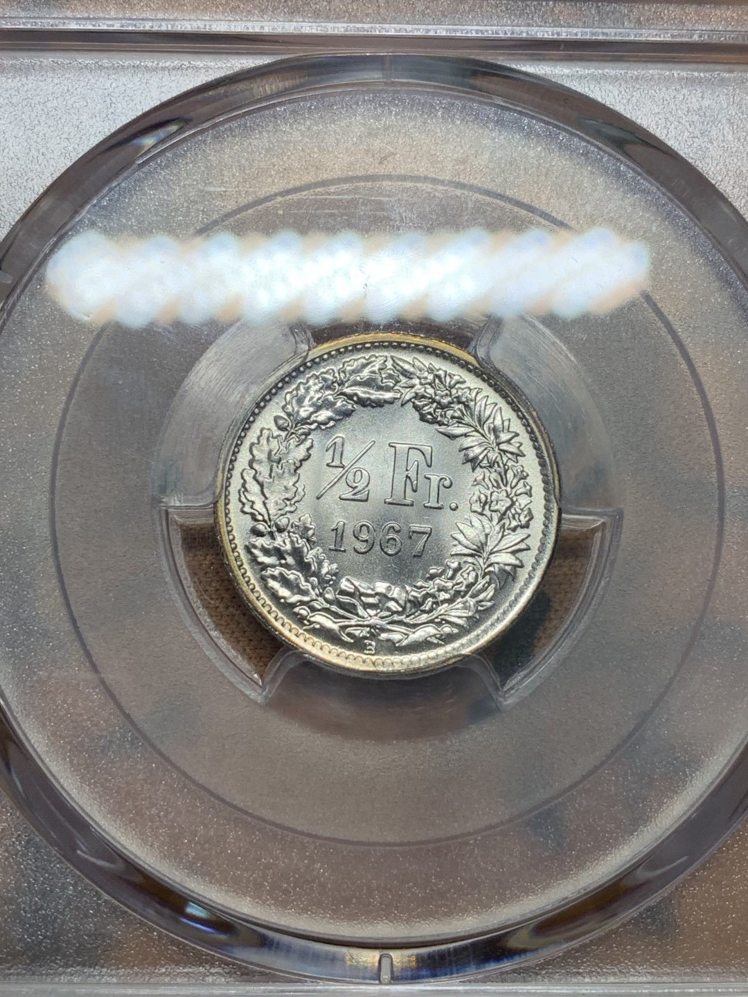 《竞宝斋》第96场-本周日，周一，周四，3场连拍（全场不限金额包邮） PCGS-MS67 瑞士1967-B 女神1/2 法郎 银币 原卷币 镜面底板 非常漂亮 带微彩