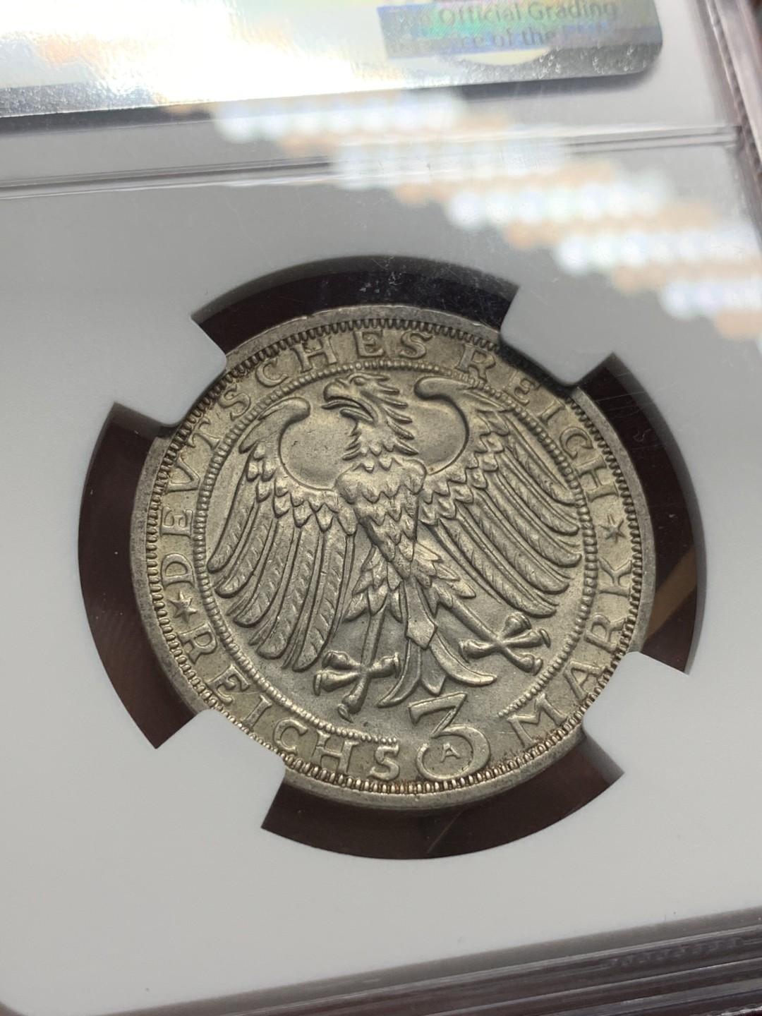 《竞宝斋》第96场-本周日，周一，周四，3场连拍（全场不限金额包邮） NGC MS63，德国魏玛，1928年玛瑙堡3马克 非常少见的品种