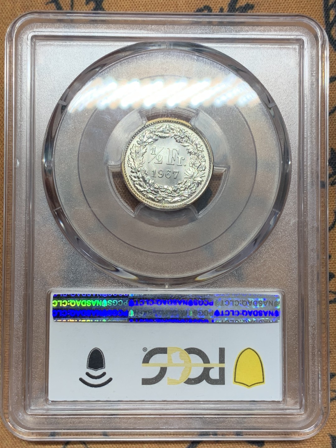 《竞宝斋》第96场-本周日，周一，周四，3场连拍（全场不限金额包邮） PCGS-MS67 瑞士1967-B 女神1/2 法郎 银币 原卷币 镜面底板 非常漂亮 带微彩