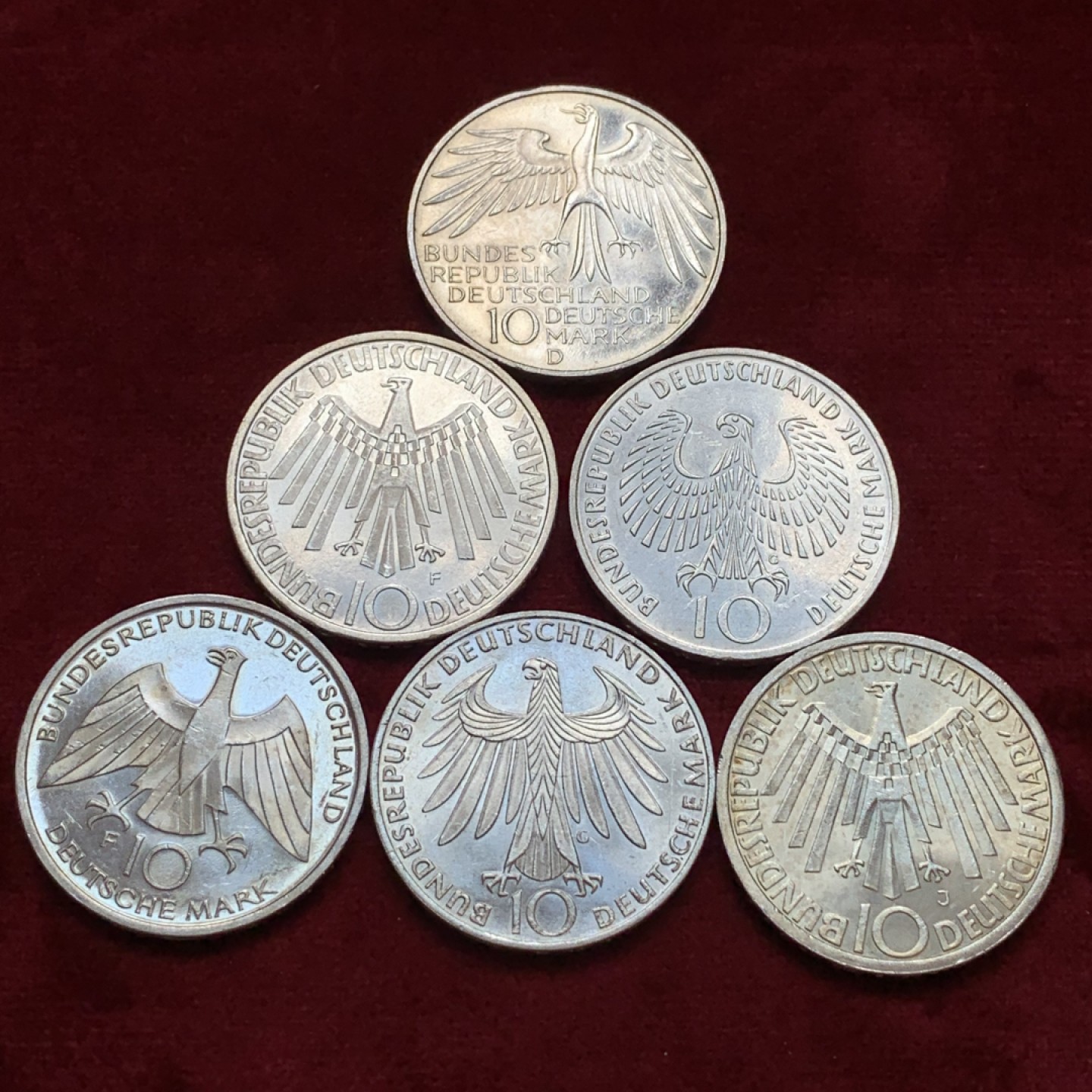 《竞宝斋》第96场-本周日，周一，周四，3场连拍（全场不限金额包邮） 银币6枚一组  德国1972年慕尼黑奥运会纪念10马克银币 单枚重量15.5克