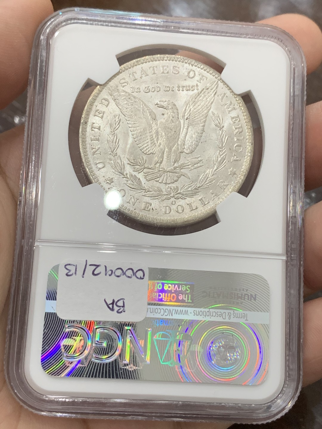 《竞宝斋》第96场-本周日，周一，周四，3场连拍（全场不限金额包邮） NGC-MS65 美国 1885年 1美元 O版摩根银币 新奥尔良造币厂 转光优美