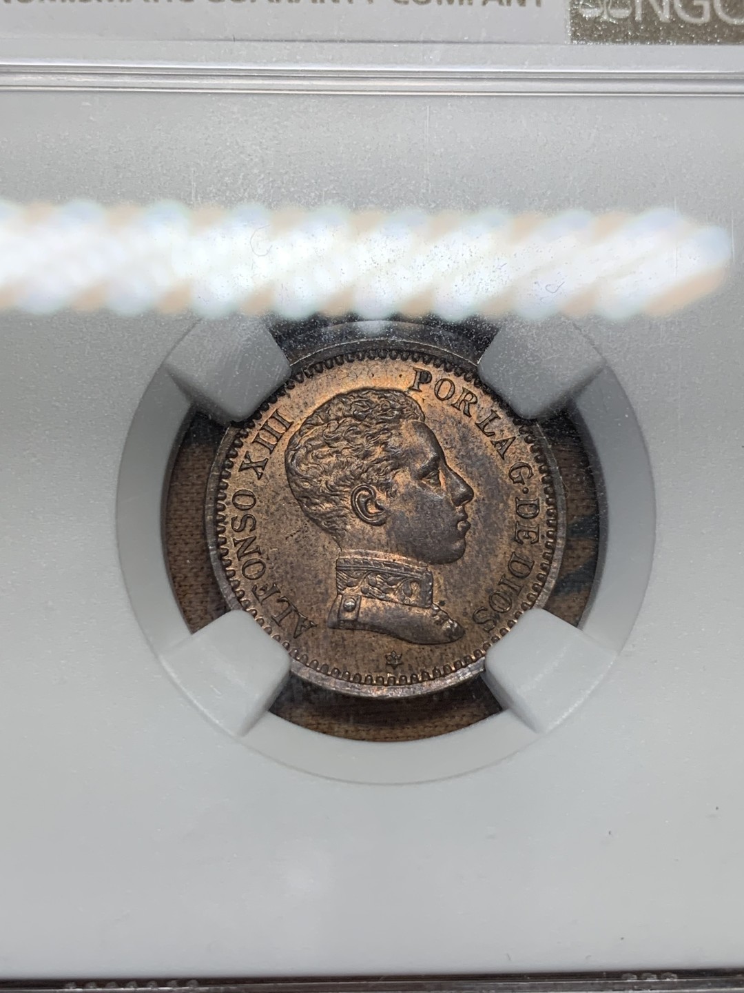 《竞宝斋》第96场-本周日，周一，周四，3场连拍（全场不限金额包邮） NGC-MS63RB 西班牙 1904年 阿方索十三世  2分军装版 铜币 高分少