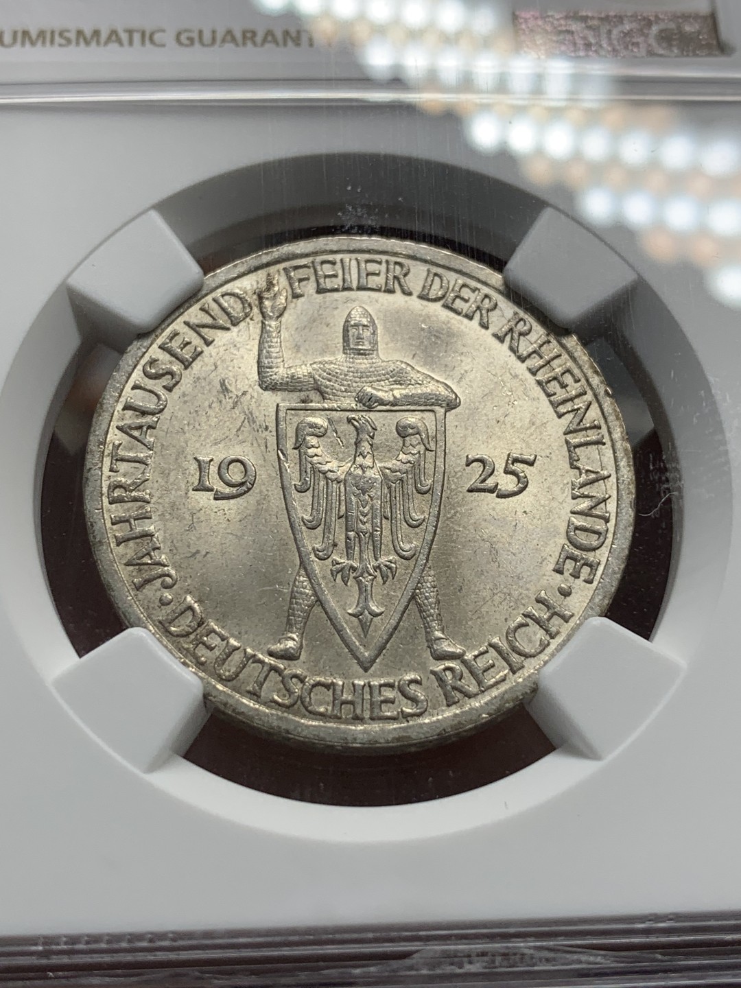 《竞宝斋》第96场-本周日，周一，周四，3场连拍（全场不限金额包邮） NGC-MS63 德国   1925年 3马克 魏玛共和国莱茵千年
