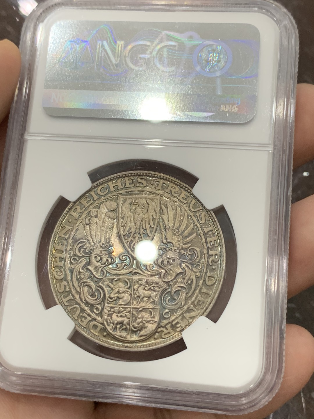 《竞宝斋》第96场-本周日，周一，周四，3场连拍（全场不限金额包邮） NGC-MS65 德国 1927年 兴登堡80大寿银章 很好的品相 高浮雕 整体表现淡蓝彩