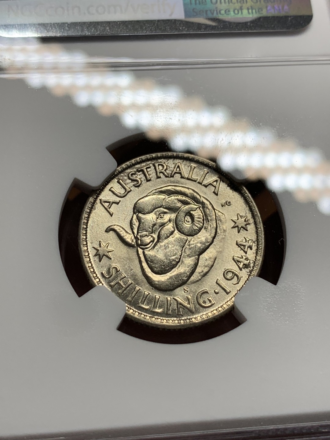 《竞宝斋》第96场-本周日，周一，周四，3场连拍（全场不限金额包邮） NGC MS63 澳大利亚 1944年 乔治六世 绵羊 1先令 银币 暴光状态