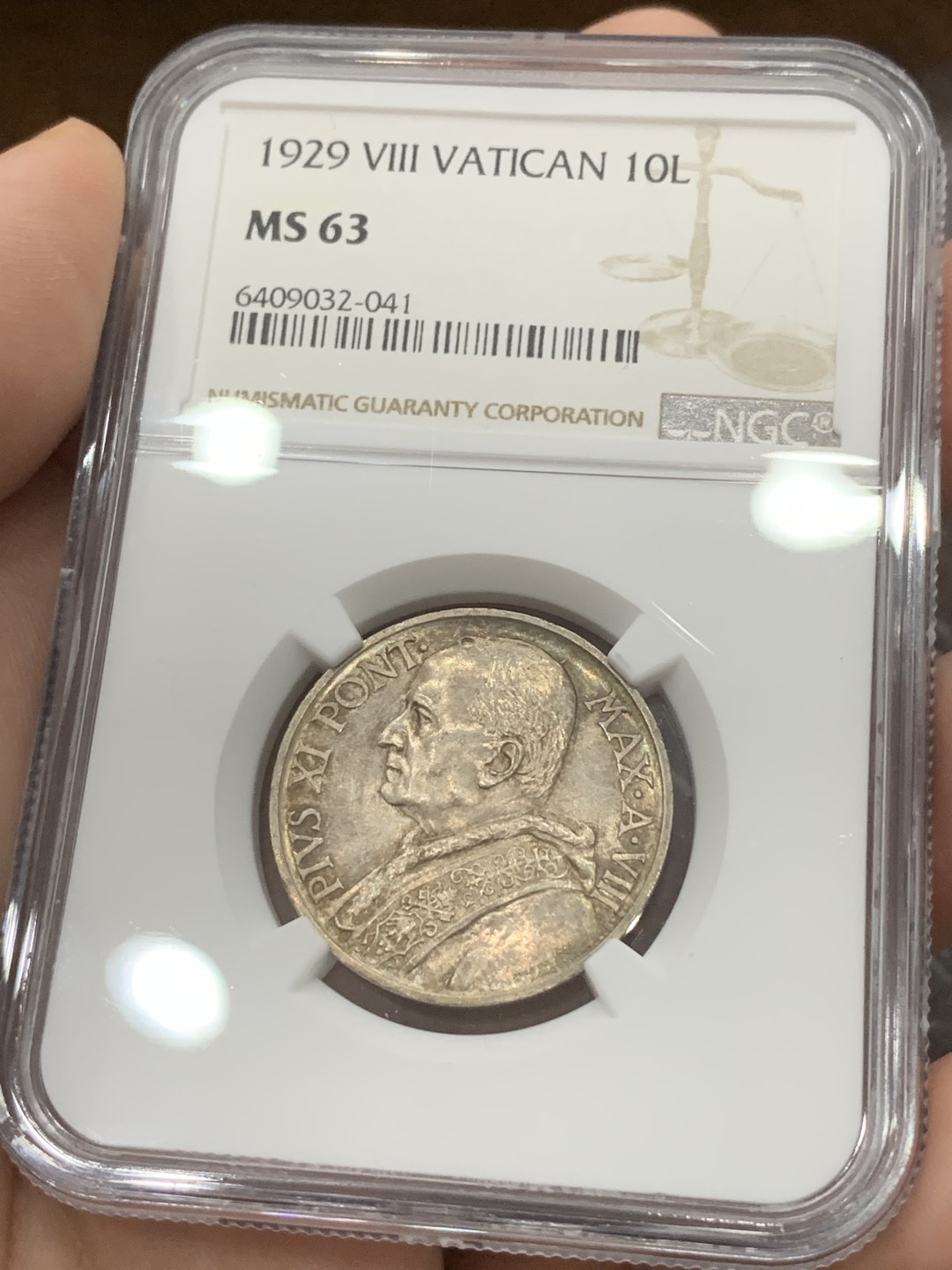 《竞宝斋》第96场-本周日，周一，周四，3场连拍（全场不限金额包邮） NGC-MS63第五名 梵蒂冈1929年教皇庇护十二世头像10里拉银币，原味好品，发行量仅仅1万枚，少见品种