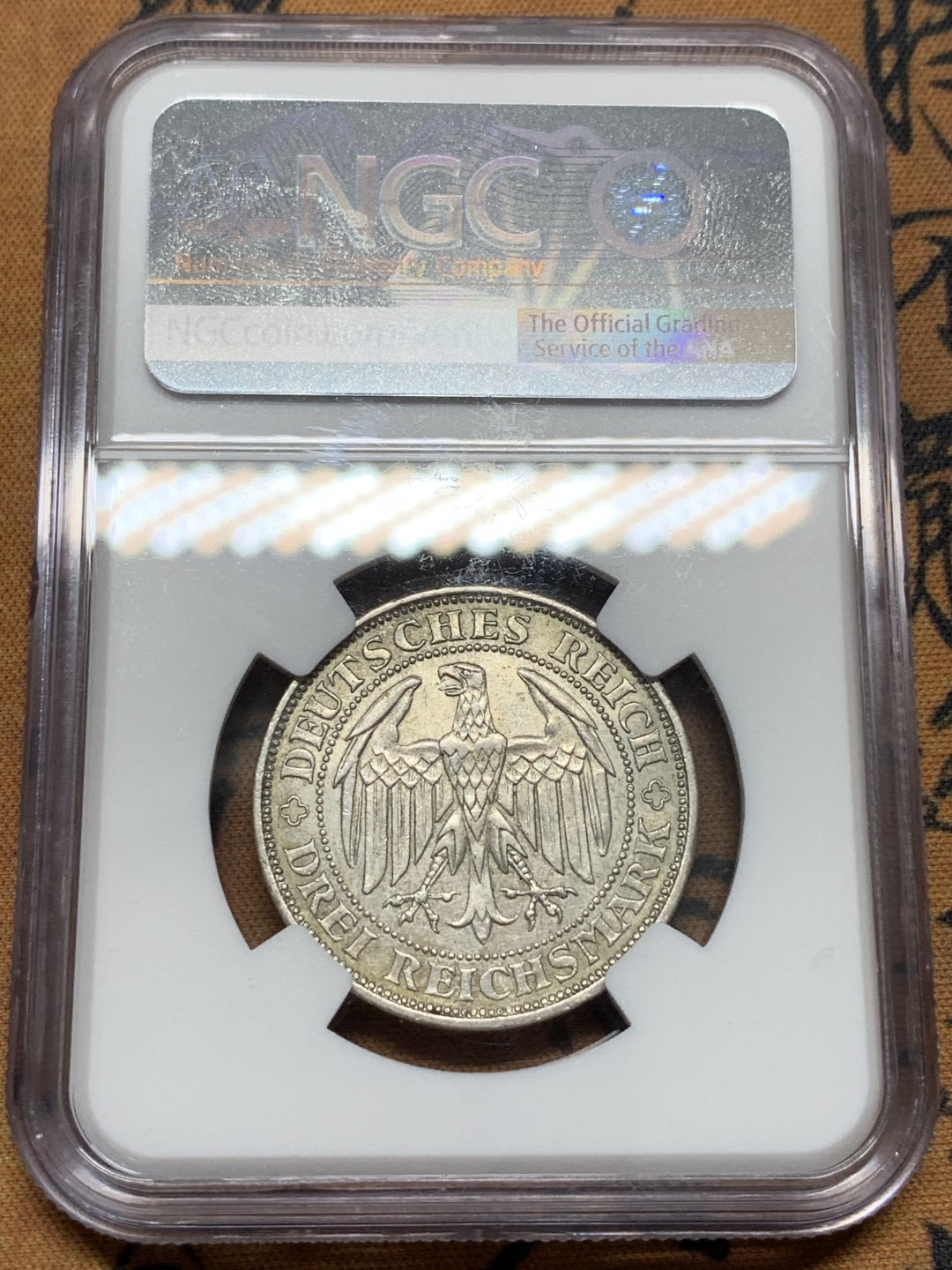 《竞宝斋》第96场-本周日，周一，周四，3场连拍（全场不限金额包邮） NGC MS61，德国魏玛，1929年梅森千年3马克 银币