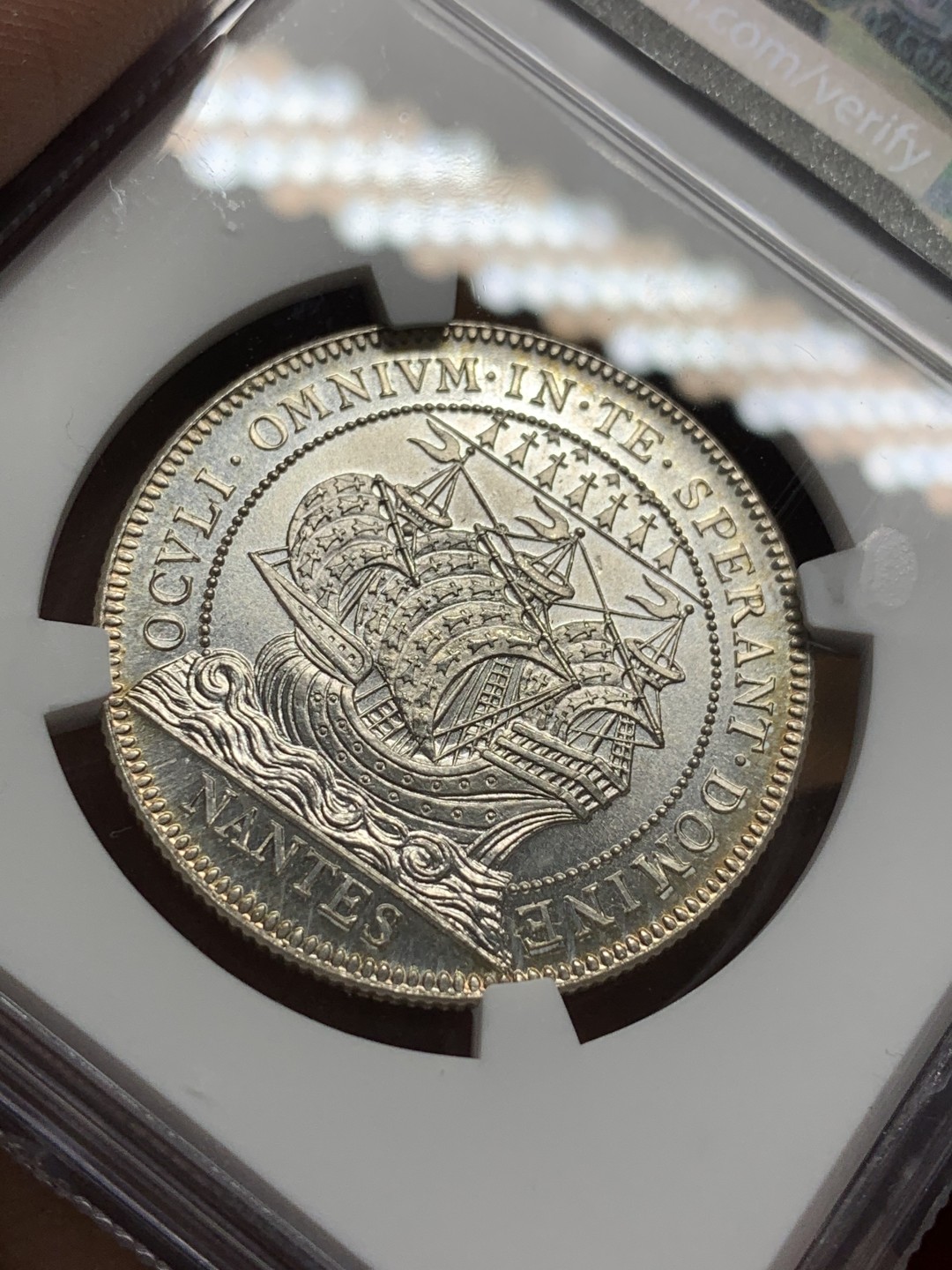 《竞宝斋》第96场-本周日，周一，周四，3场连拍（全场不限金额包邮） NGC-MS66 法国十九世纪 南特大帆船 JETON银制代用币 顶级品相 粉光非常漂亮