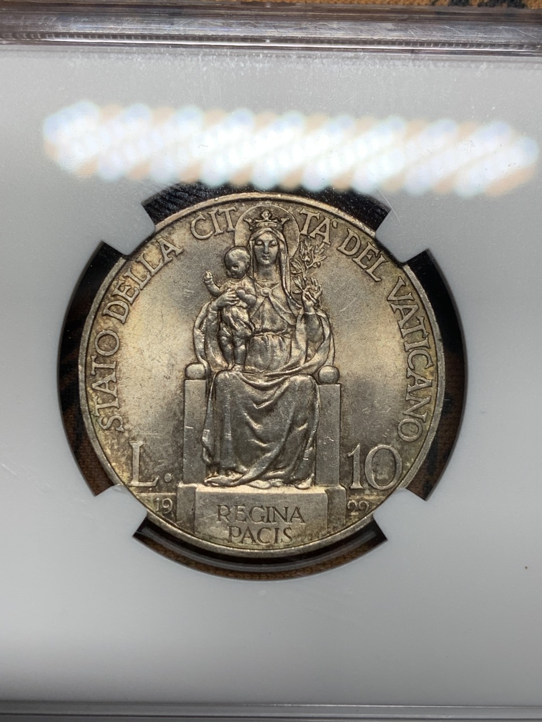 《竞宝斋》第96场-本周日，周一，周四，3场连拍（全场不限金额包邮） NGC-MS63第五名 梵蒂冈1929年教皇庇护十二世头像10里拉银币，原味好品，发行量仅仅1万枚，少见品种