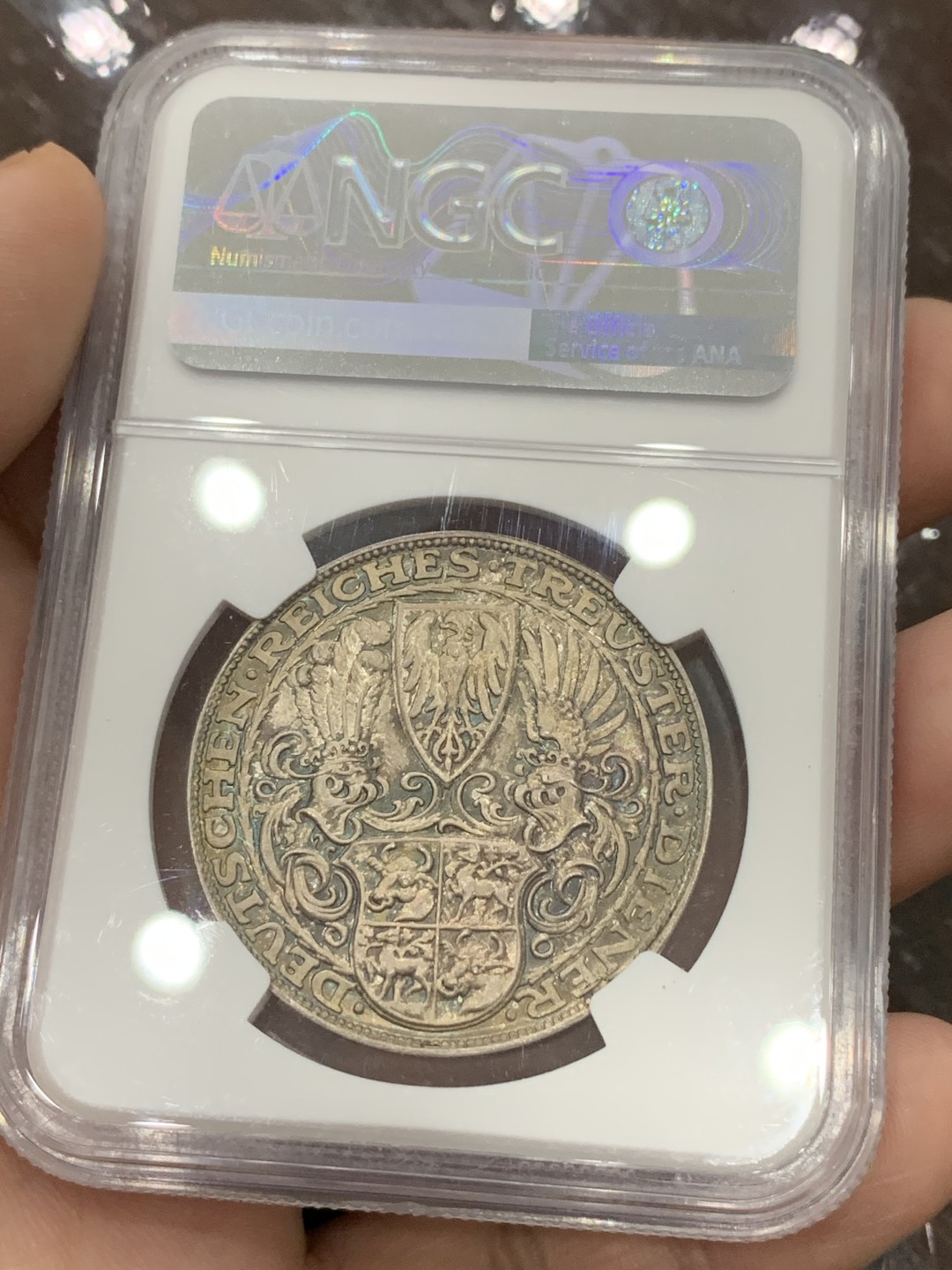 《竞宝斋》第96场-本周日，周一，周四，3场连拍（全场不限金额包邮） NGC-MS65 德国 1927年 兴登堡80大寿银章 很好的品相 高浮雕 整体表现淡蓝彩