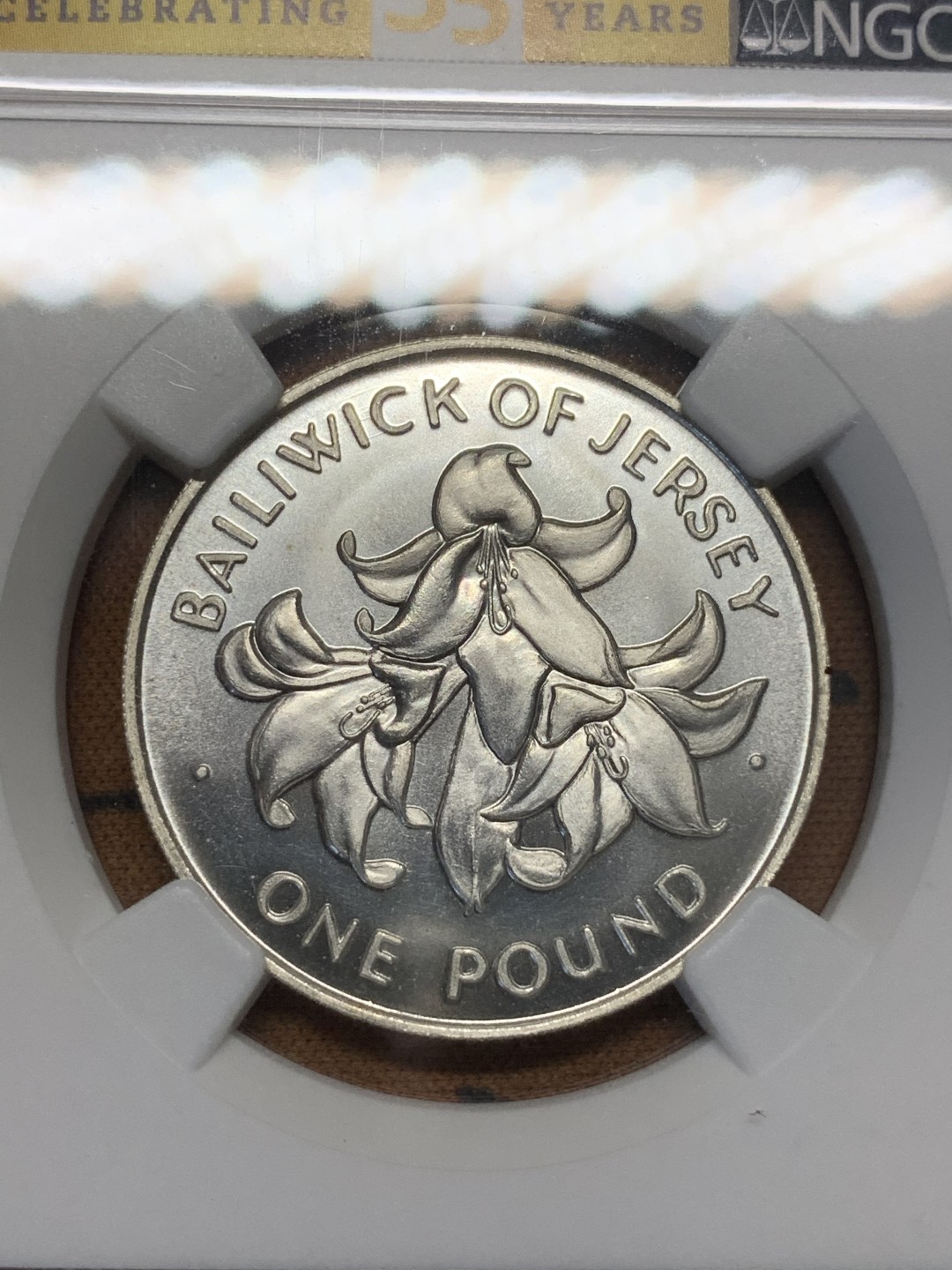 《竞宝斋》第96场-本周日，周一，周四，3场连拍（全场不限金额包邮） NGC MS66 泽西岛1972年 1镑银币 35周年纪念标签