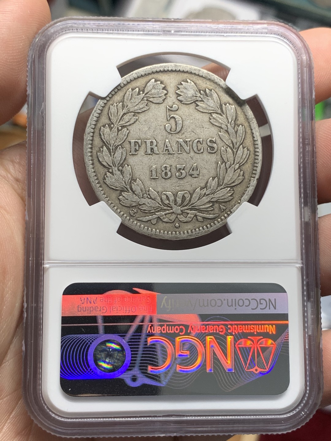 《竞宝斋》第96场-本周日，周一，周四，3场连拍（全场不限金额包邮） NGC-VF35 法国1834年 飞利浦一世 5法郎大银币 原味好品早期年份