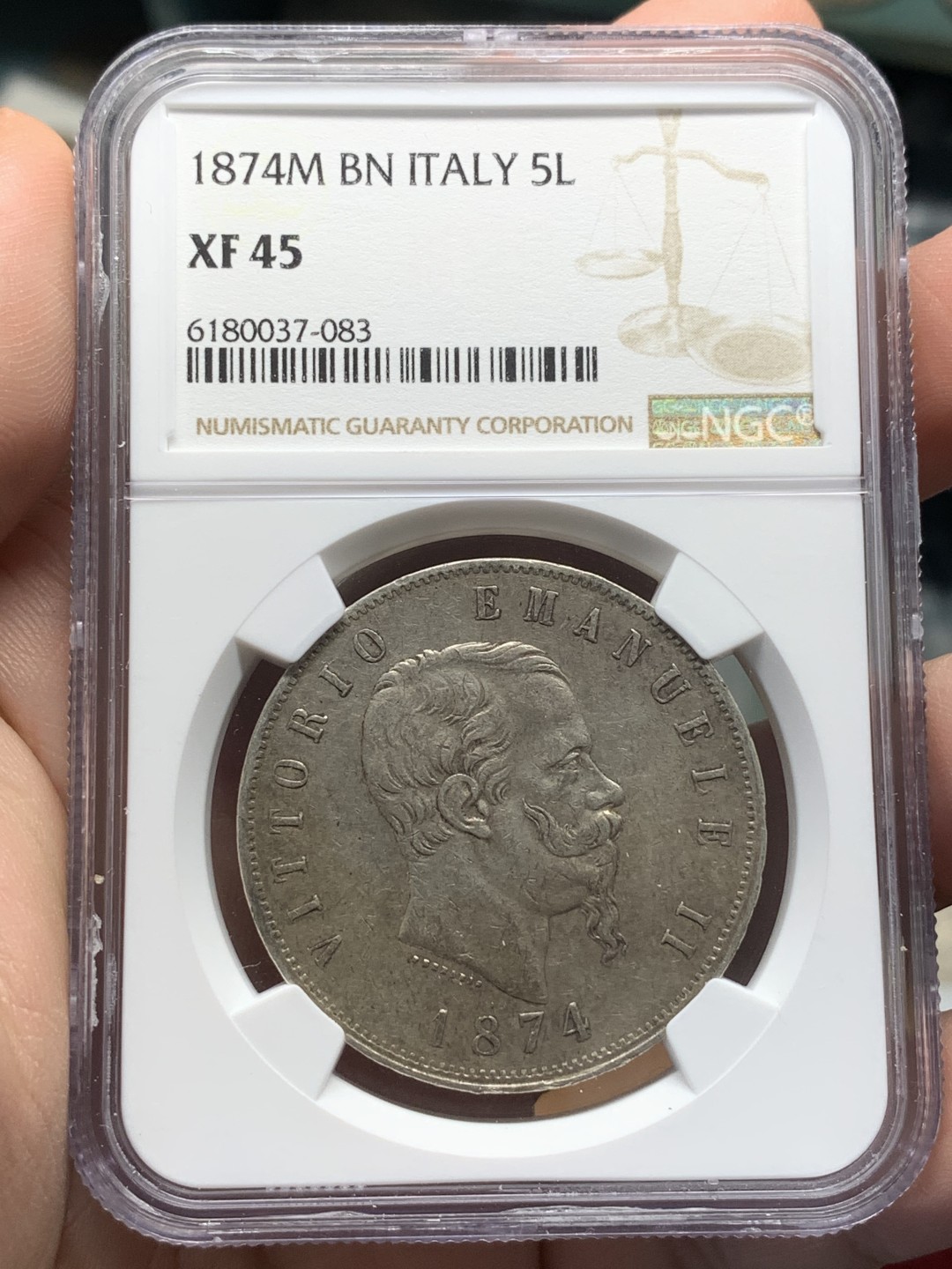 《竞宝斋》第96场-本周日，周一，周四，3场连拍（全场不限金额包邮） NGC-XF45 意大利伊曼纽尔 1874年 5里拉 大银币