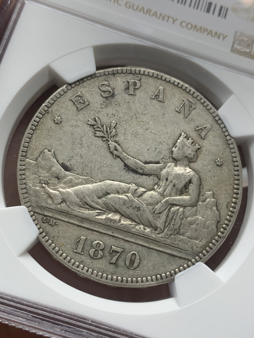 《竞宝斋》第96场-本周日，周一，周四，3场连拍（全场不限金额包邮） NGC XF45 西班牙 1870年 拿花女神5比塞塔双柱银币 老包浆原状态 发行仅一年 有分少