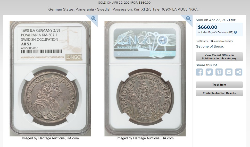 1690年德国神罗时期瑞典属地波美拉尼亚2/3泰勒银币 NGC MS63