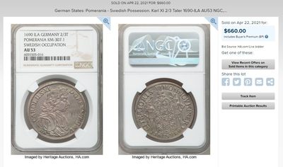 1690年德国神罗时期瑞典属地波美拉尼亚2/3泰勒银币 NGC MS63