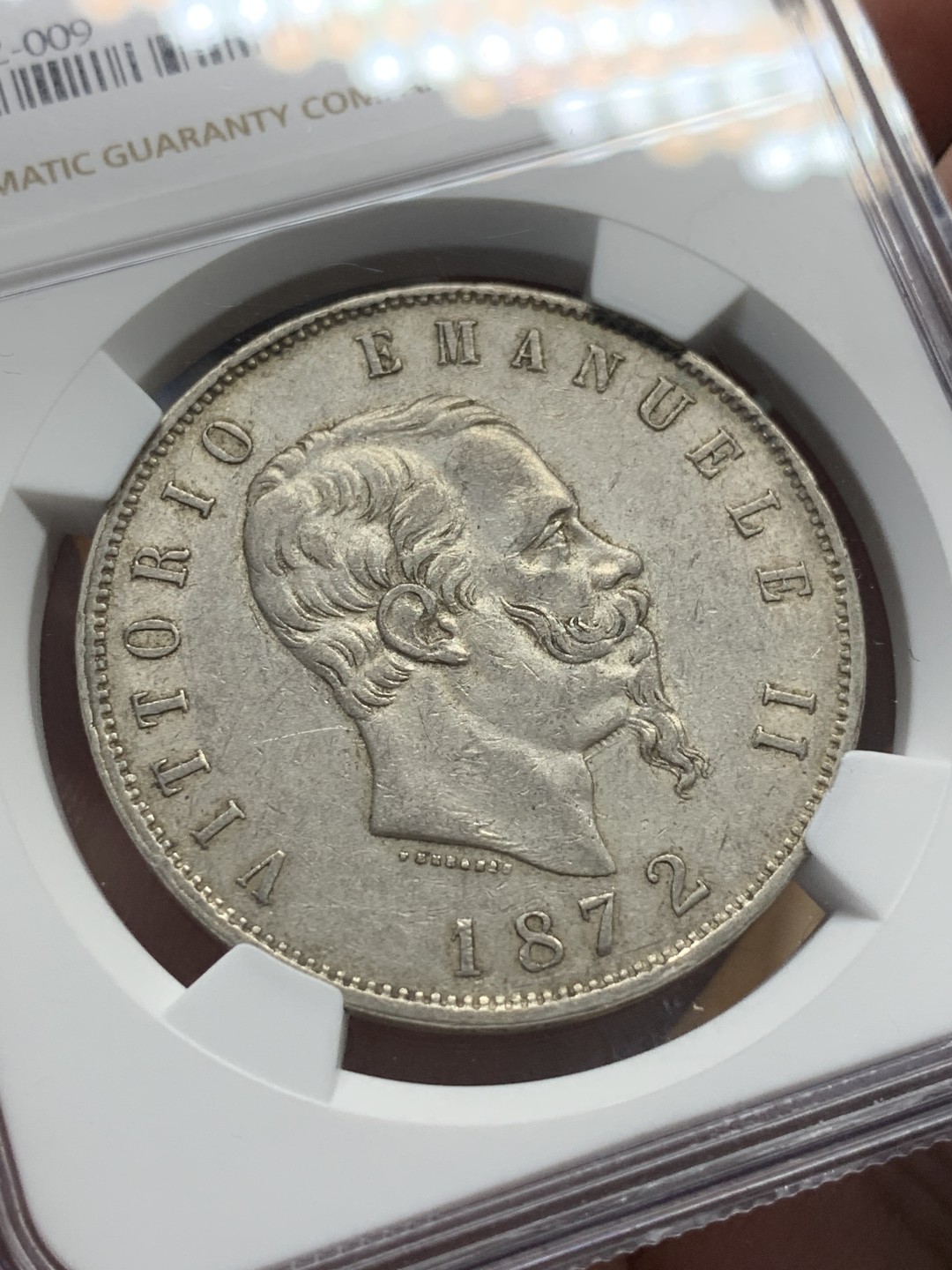 《竞宝斋》第96场-本周日，周一，周四，3场连拍（全场不限金额包邮） NGC-AU53 意大利1872年 埃曼纽尔二世 米兰造 5里拉大银币 好品原味带光