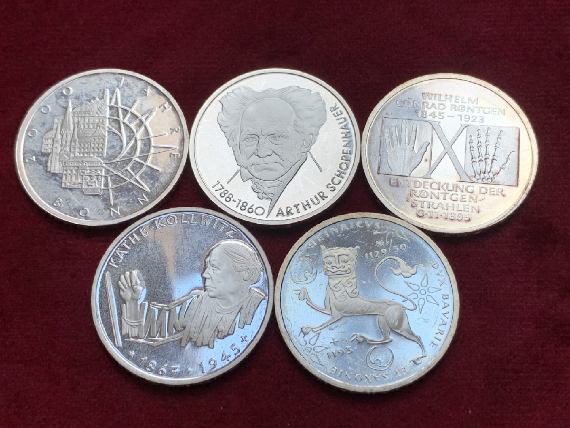 《竞宝斋》第96场-本周日，周一，周四，3场连拍（全场不限金额包邮） 银币5枚一组 德国 10马克精制银币 单枚重量15.5克