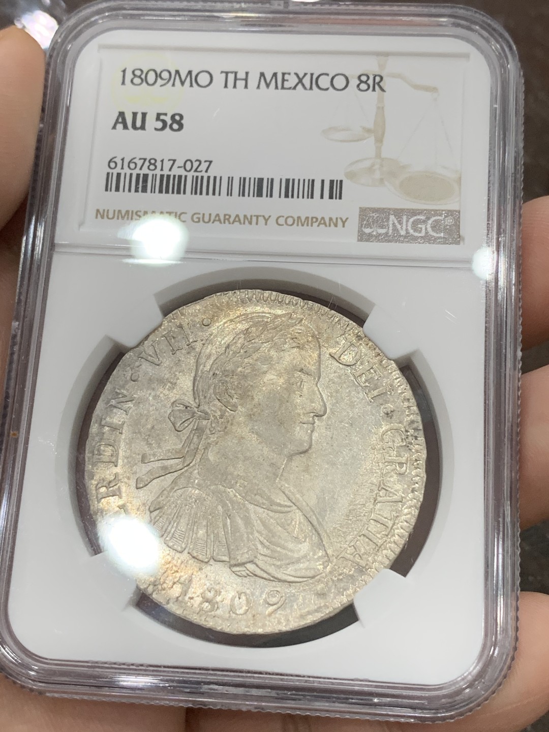 《竞宝斋》第96场-本周日，周一，周四，3场连拍（全场不限金额包邮） NGC AU58 墨西哥 1809年 费七 8里亚尔 双柱大银币 双面深打 PL感十足