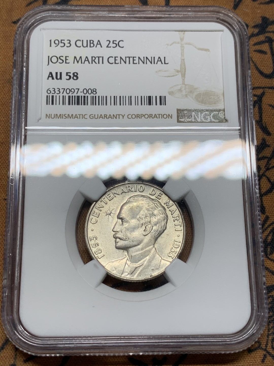 《竞宝斋》第96场-本周日，周一，周四，3场连拍（全场不限金额包邮） NGC-AU58 古巴1953年 马丁 25分银币 原光好品