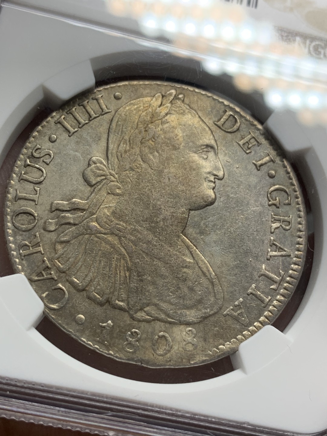 《竞宝斋》第96场-本周日，周一，周四，3场连拍（全场不限金额包邮） NGC AU50 墨西哥 1808年 卡四 8里亚尔 双柱大银币 双面深打 带包浆