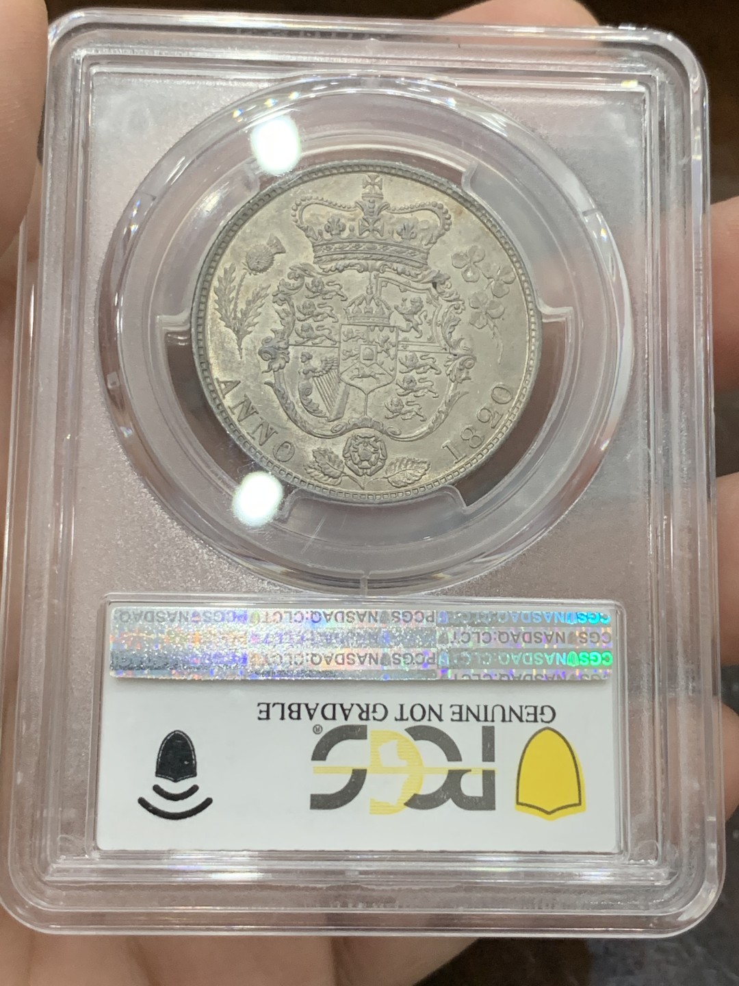 《竞宝斋》第96场-本周日，周一，周四，3场连拍（全场不限金额包邮） PCGS UNC92 英国 1820年 乔四半克朗 银币 淡彩包浆 细节好 状态佳