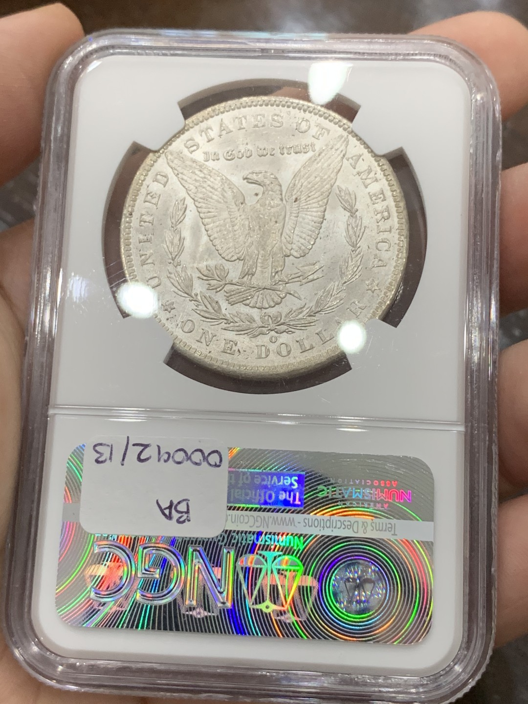 《竞宝斋》第96场-本周日，周一，周四，3场连拍（全场不限金额包邮） NGC-MS65 美国 1885年 1美元 O版摩根银币 新奥尔良造币厂 转光优美