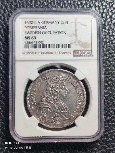 1690年德国神罗时期瑞典属地波美拉尼亚2/3泰勒银币 NGC MS63