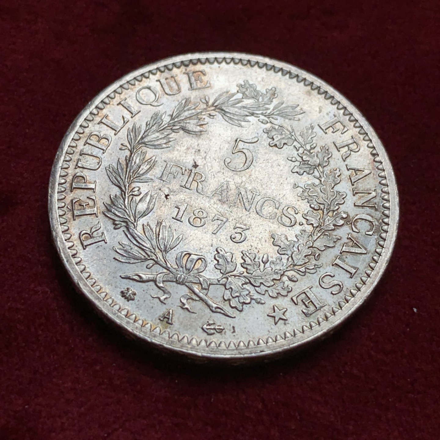 《竞宝斋》第96场-本周日，周一，周四，3场连拍（全场不限金额包邮） 法国 1873年 大力神 5法郎 银币 细节好 状态佳