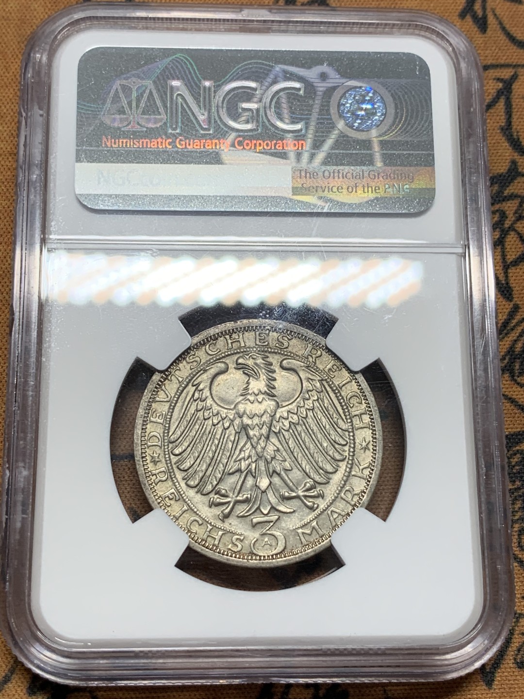 《竞宝斋》第96场-本周日，周一，周四，3场连拍（全场不限金额包邮） NGC MS63，德国魏玛，1928年玛瑙堡3马克 非常少见的品种