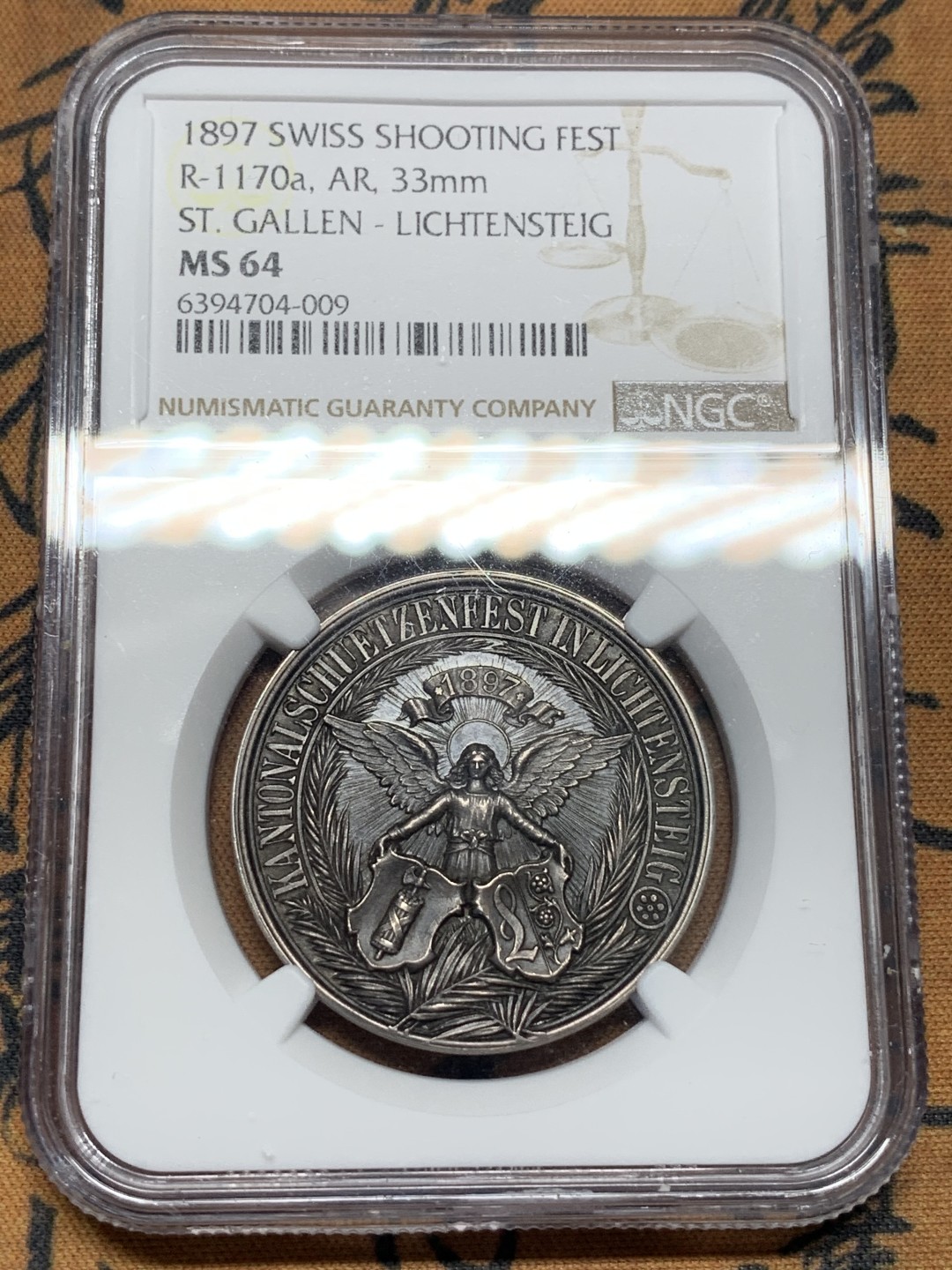 《竞宝斋》第96场-本周日，周一，周四，3场连拍（全场不限金额包邮） NGC-MS64 1897 瑞士圣加仑射击银章存量低于200，十分稀少