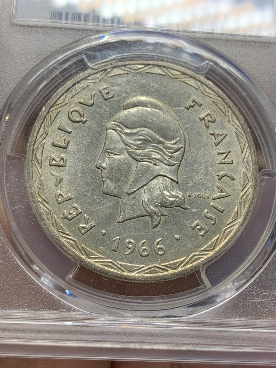 《竞宝斋》第96场-本周日，周一，周四，3场连拍（全场不限金额包邮） PCGS-AU58  法属新赫布里底 1966年  100法郎银币 