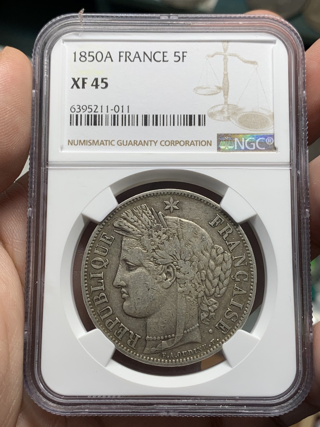 《竞宝斋》第96场-本周日，周一，周四，3场连拍（全场不限金额包邮） NGC-XF45 法国1850年 谷物女神5法郎 大银币 原味好品 出分难得品种