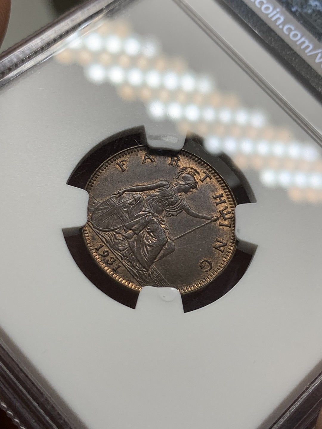 《竞宝斋》第96场-本周日，周一，周四，3场连拍（全场不限金额包邮） NGC MS64BN 英国 1931年 乔治五世 1/4便士=1法新 铜币 深打难得