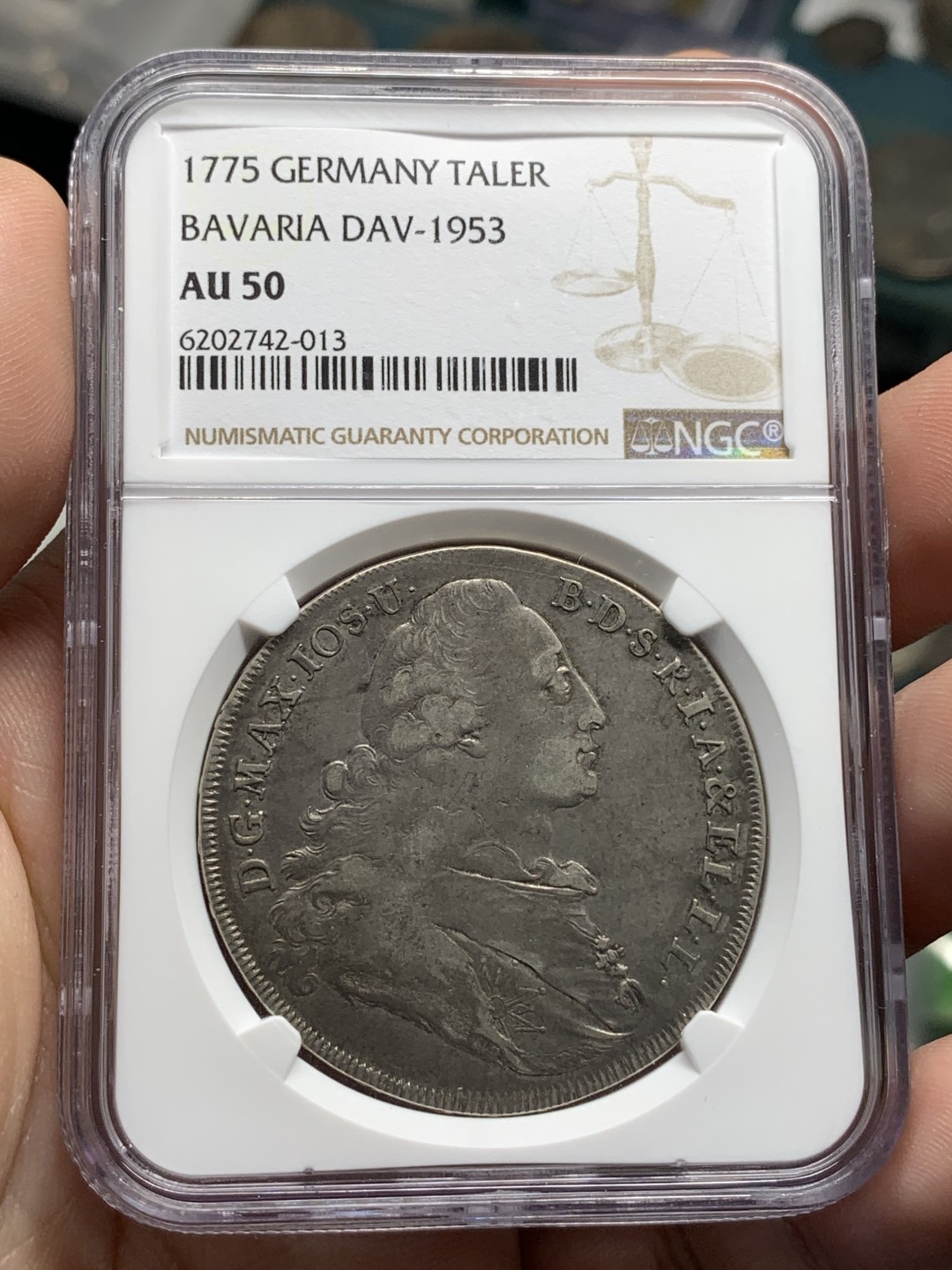 《竞宝斋》第96场-本周日，周一，周四，3场连拍（全场不限金额包邮） NGC AU50德国巴伐利亚1775年马克西米利安抱婴泰勒银币