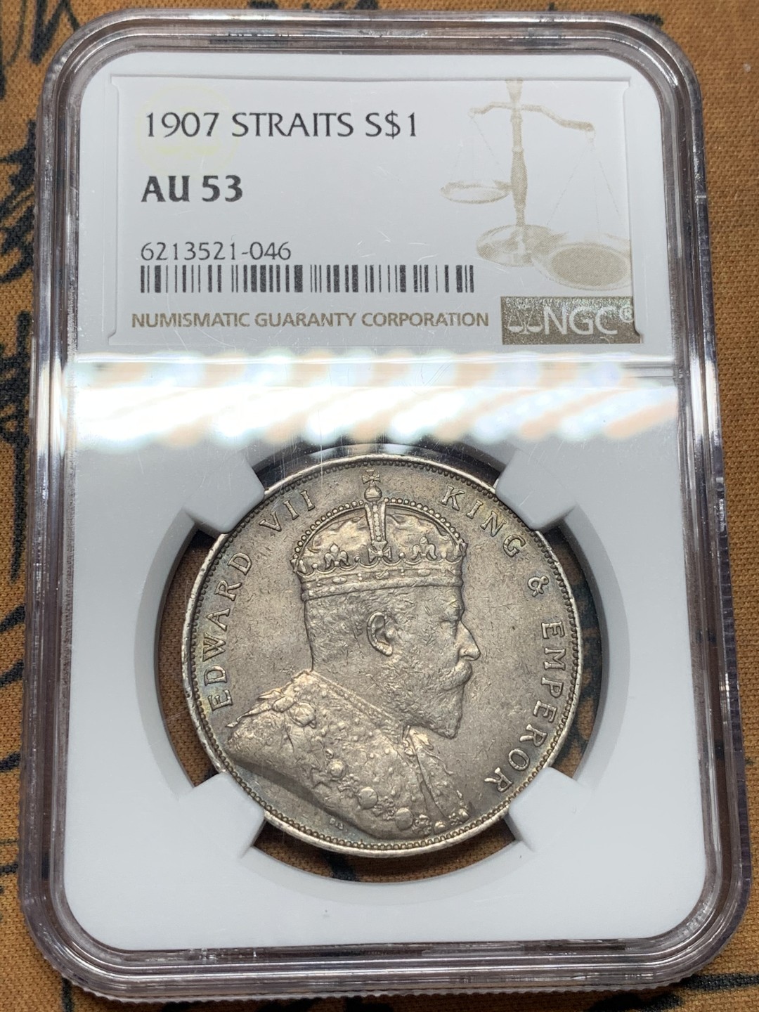《竞宝斋》第96场-本周日，周一，周四，3场连拍（全场不限金额包邮） NGC-AU53 海峡殖民地 1907年 爱德华七世 壹元 原味银币 细节很好