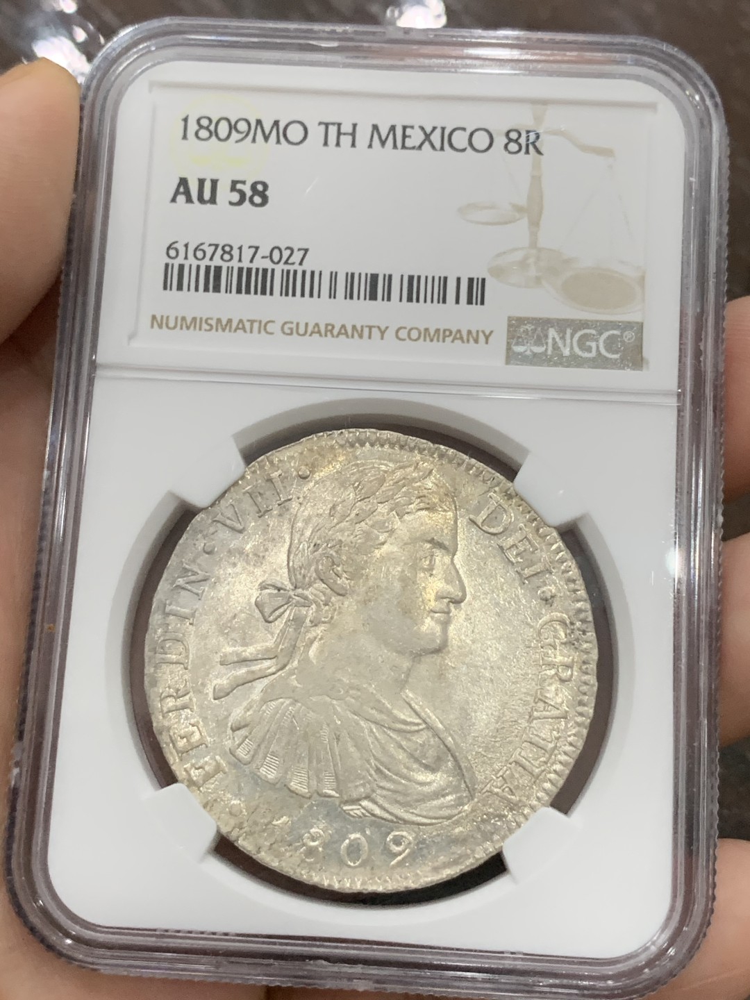 《竞宝斋》第96场-本周日，周一，周四，3场连拍（全场不限金额包邮） NGC AU58 墨西哥 1809年 费七 8里亚尔 双柱大银币 双面深打 PL感十足
