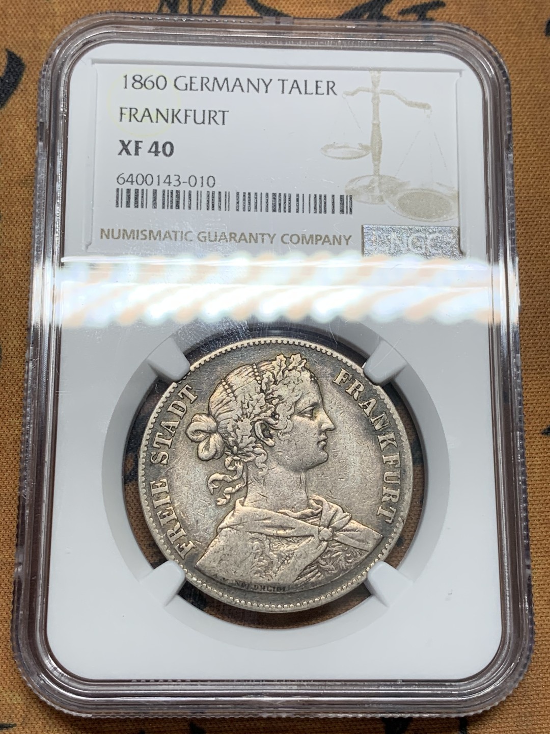 《竞宝斋》第96场-本周日，周一，周四，3场连拍（全场不限金额包邮） NGC XF40 德国 1860年 法兰克福 女武神 泰勒银币