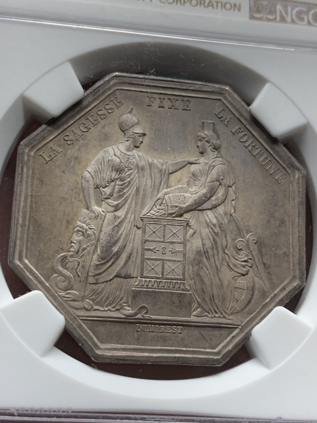 《竞宝斋》第96场-本周日，周一，周四，3场连拍（全场不限金额包邮） NGC-MS63 1800年法兰西银行八角银质代币 早期蜜蜂银标 镜面五彩包浆 高分不易 顶级品相 大型女神八角