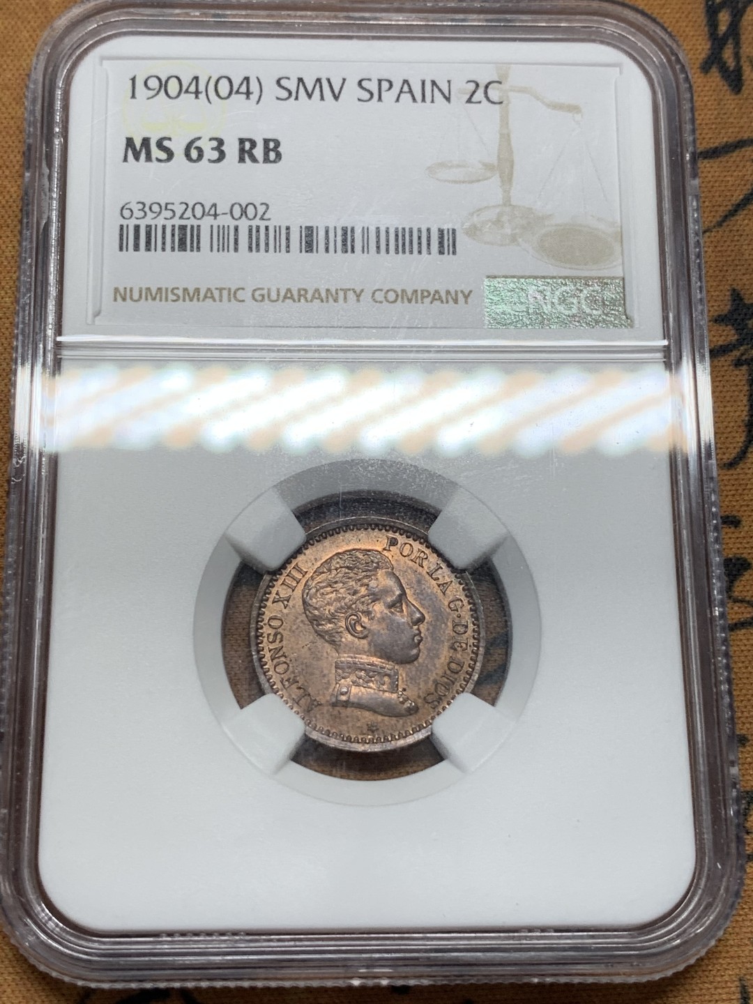 《竞宝斋》第96场-本周日，周一，周四，3场连拍（全场不限金额包邮） NGC-MS63RB 西班牙 1904年 阿方索十三世  2分军装版 铜币 高分少