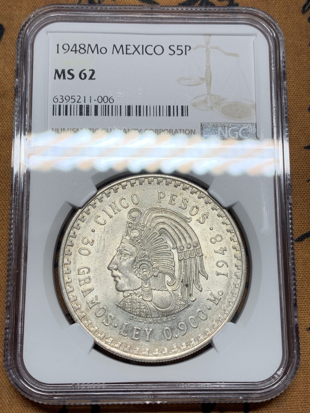 《竞宝斋》第96场-本周日，周一，周四，3场连拍（全场不限金额包邮） NGC-MS62 墨西哥1948年 印第安人头像 5比索 大银币 原光好品 这东西现在涨的太多了