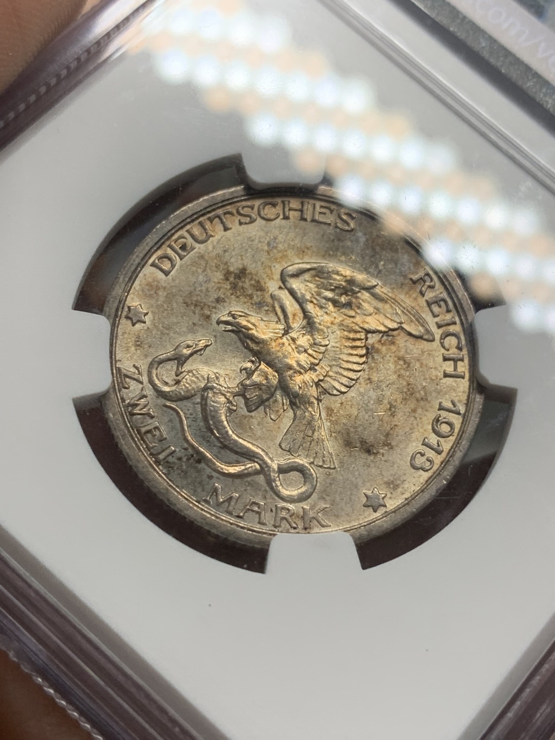 《竞宝斋》第96场-本周日，周一，周四，3场连拍（全场不限金额包邮） NGC-MS63 德意志第二帝国 1913年 普鲁士2马克 战胜拿破仑纪念银币 重彩包浆 浮雕层次分明 底板漂亮 鹰面炯炯有神